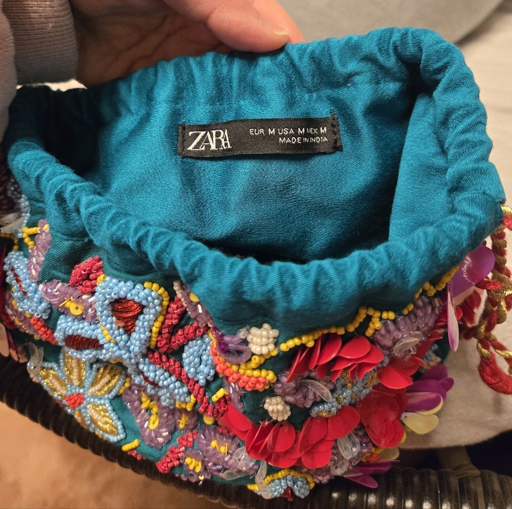 Zara Teal Embroidered Beaded Floral Cinched Pouch Bag